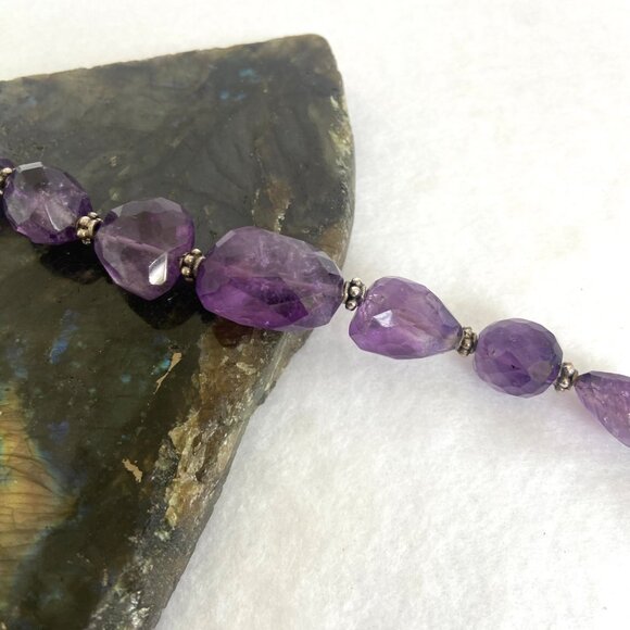 Sterling Silver 925 Faceted Amethyst Chunk Beaded Bracelet 8" Fits 6.75" Wrist - Picture 11 of 16